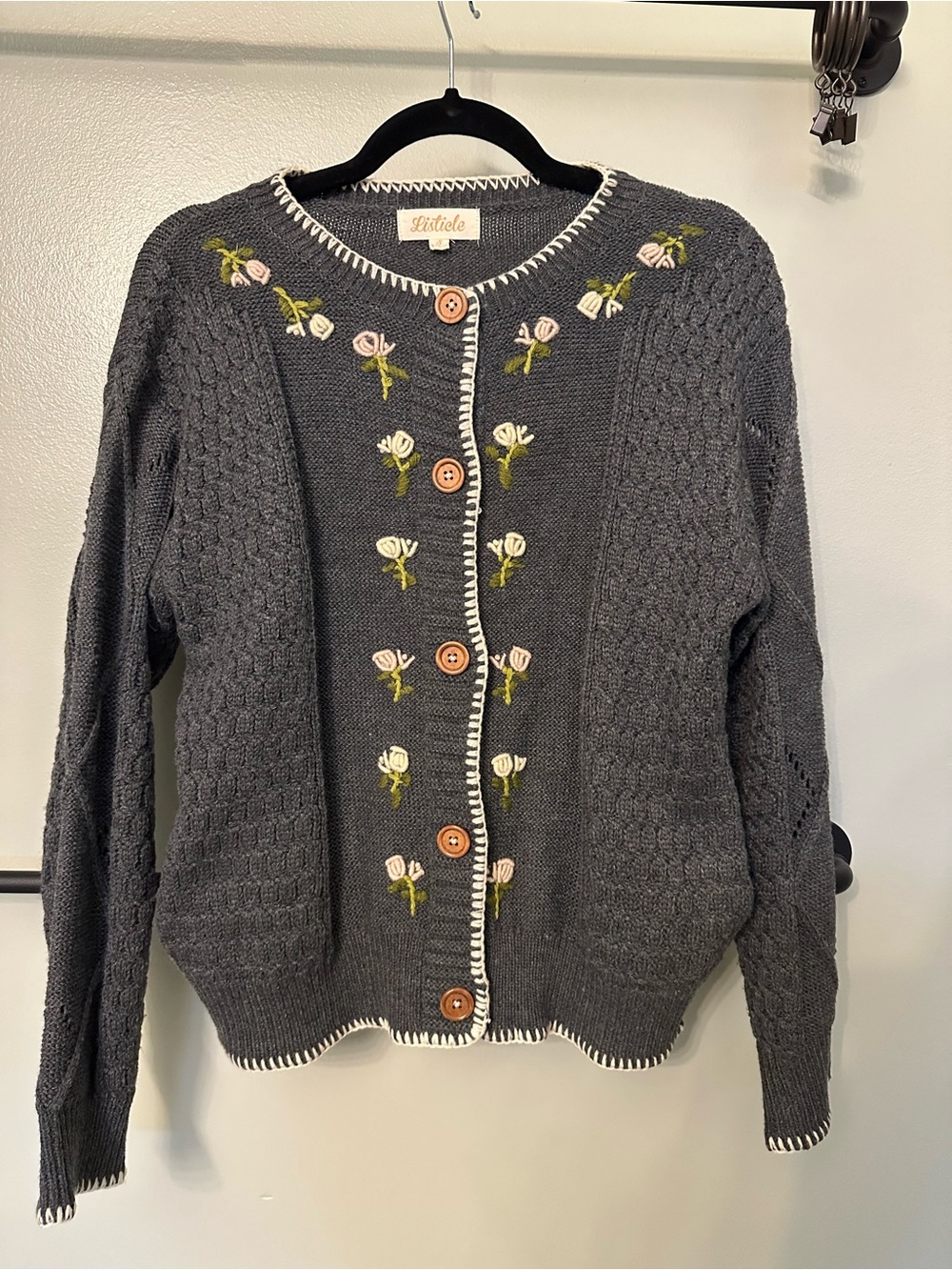 Listicle Charcoal Gray Embroidered Rose Button-Front Cardigan